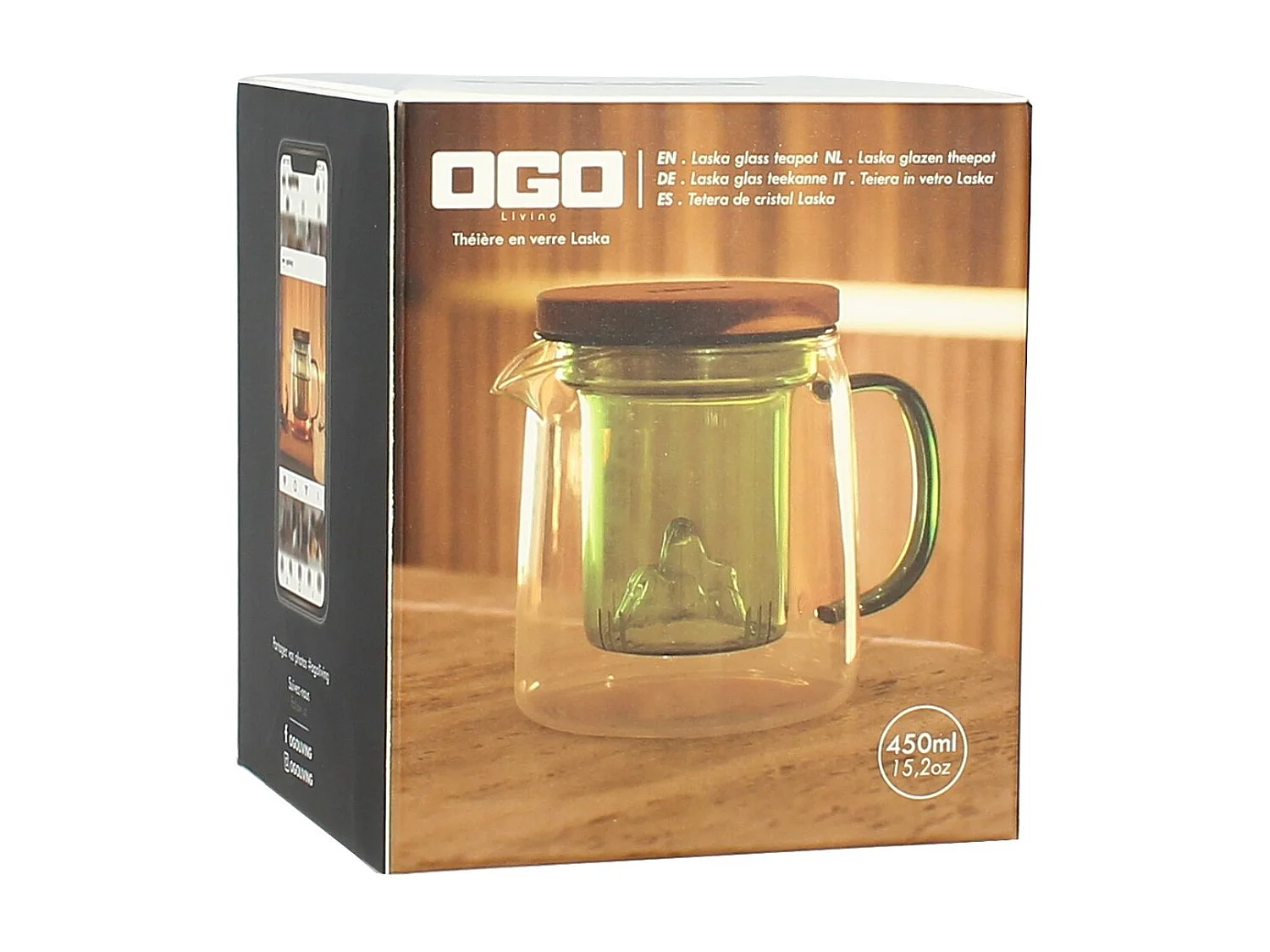 Ogo Living - Theiere Laska 450ml En Verre Borosilicate Avec Anse Et Infuseur Vert