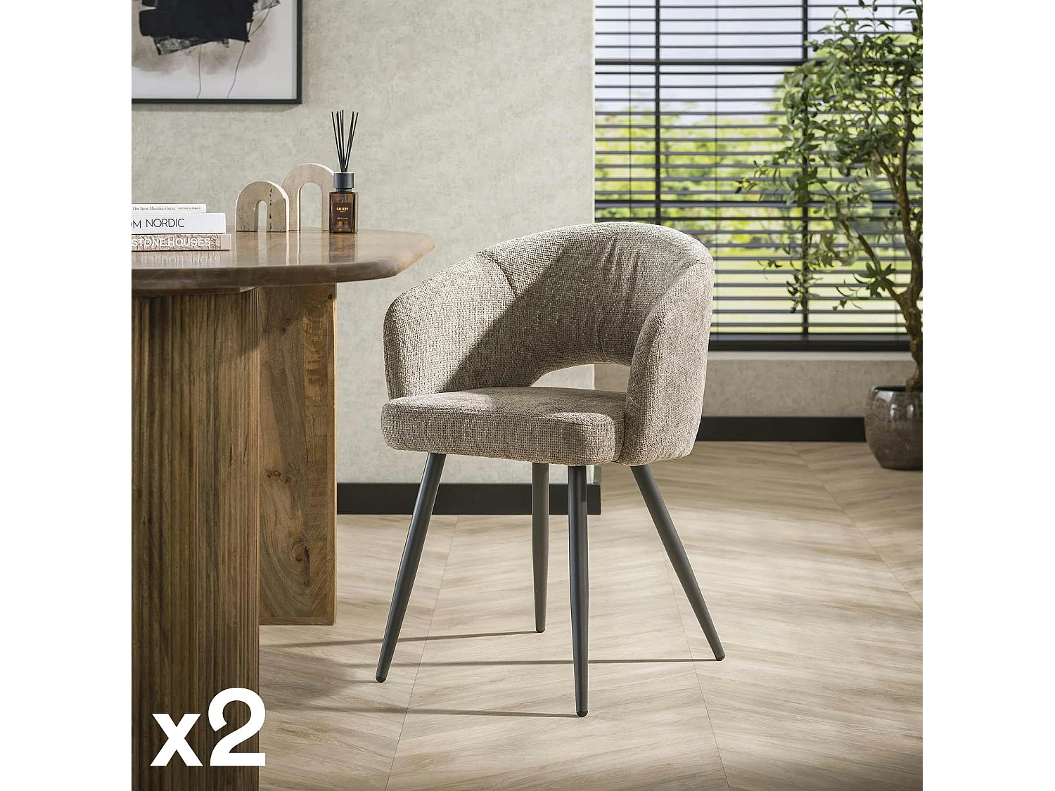 Fauteuil de table en velours tissé sable avec dossier ouvert (lot de 2) GALWAY