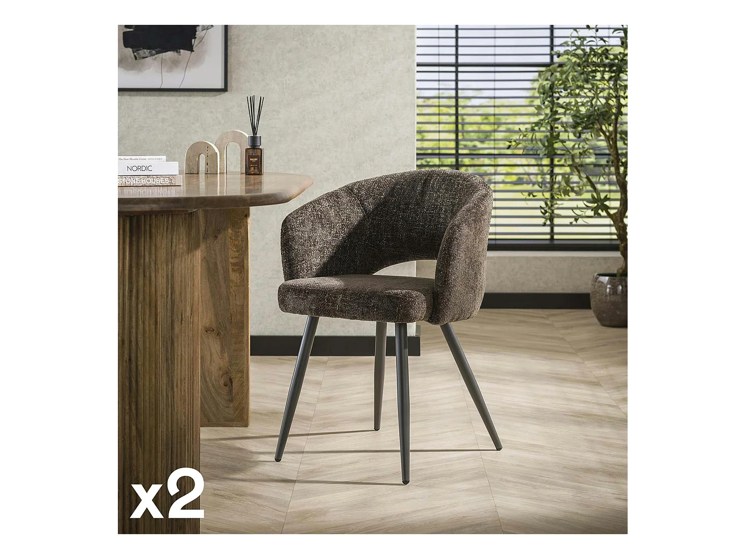 Fauteuil de table en velours tissé chocolat avec dossier ouvert (lot de 2) GALWAY