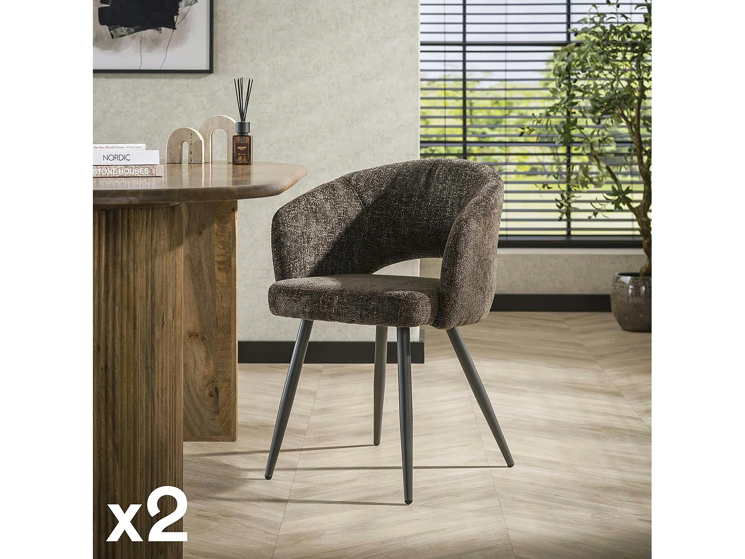 Fauteuil de table en velours tissé chocolat avec dossier ouvert (lot de 2) GALWAY