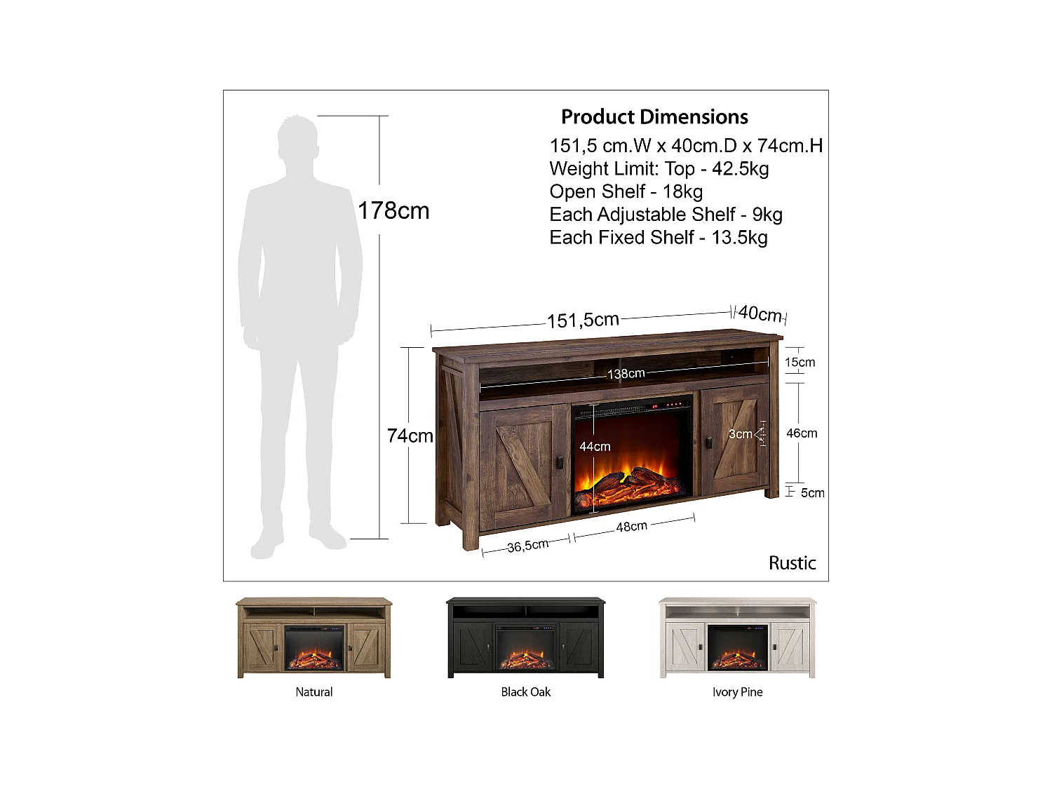 Lowboard met elektrische haard in spaanplaat zwart