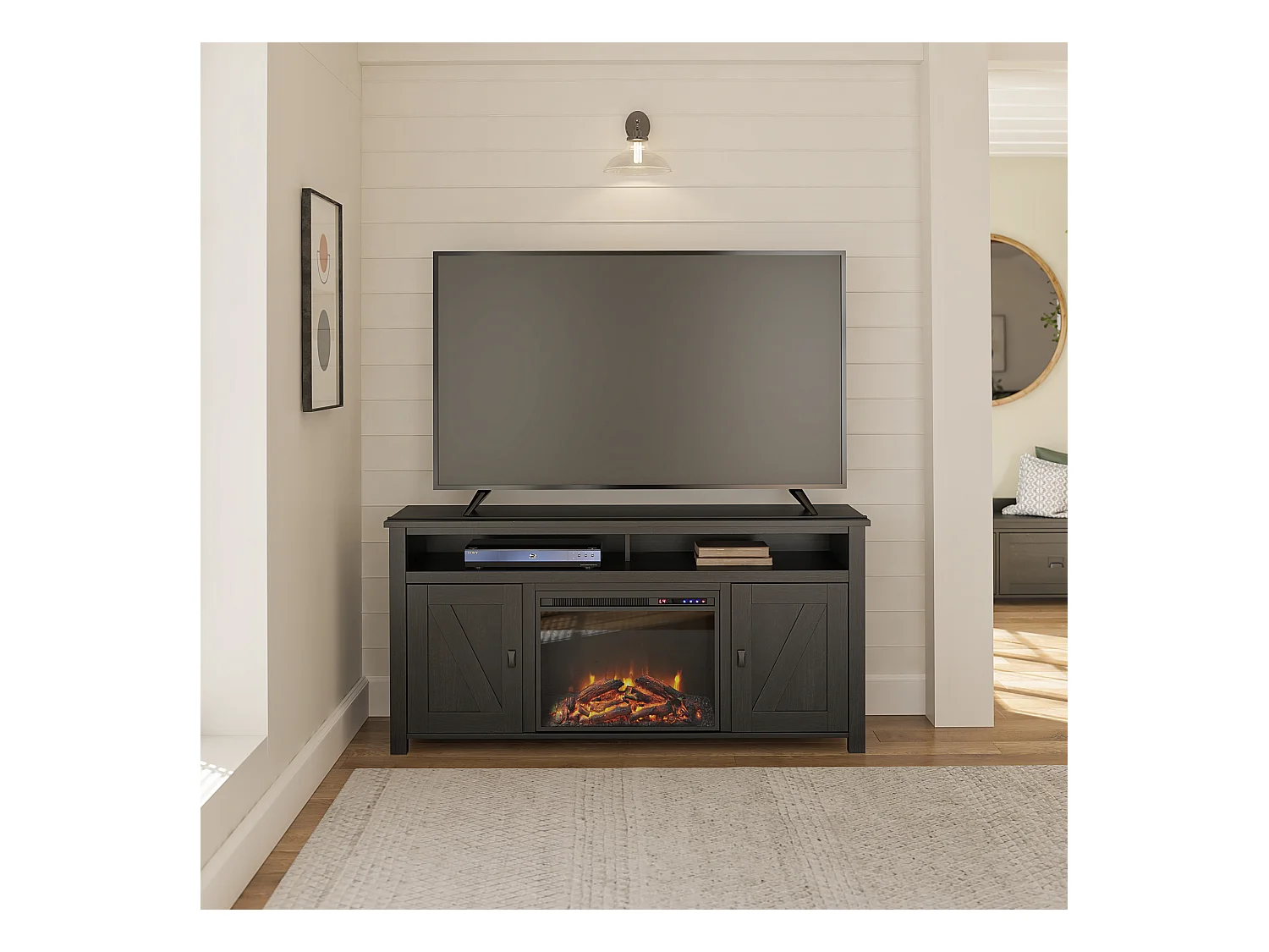 Lowboard met elektrische haard in spaanplaat zwart