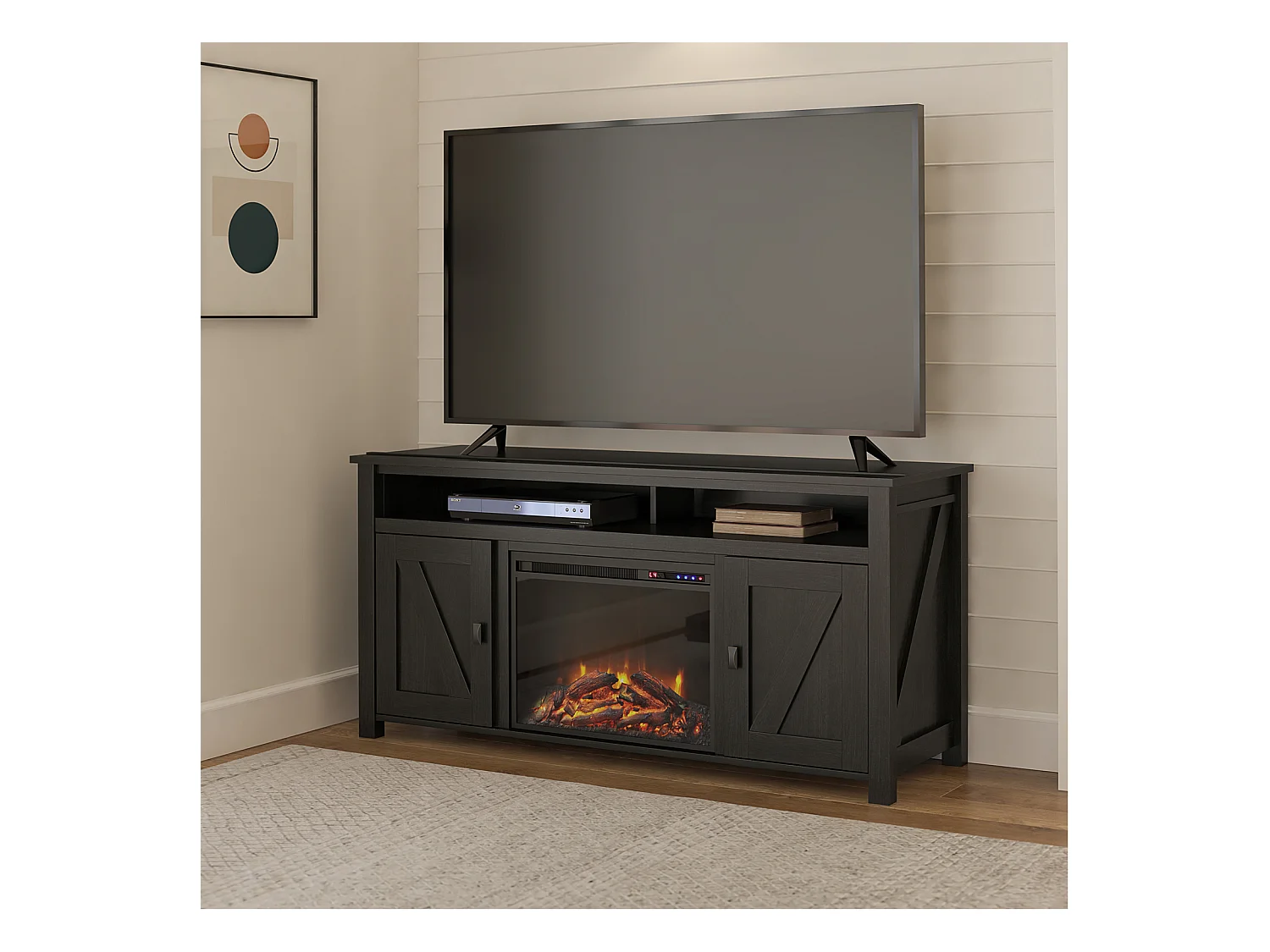 Lowboard met elektrische haard in spaanplaat zwart