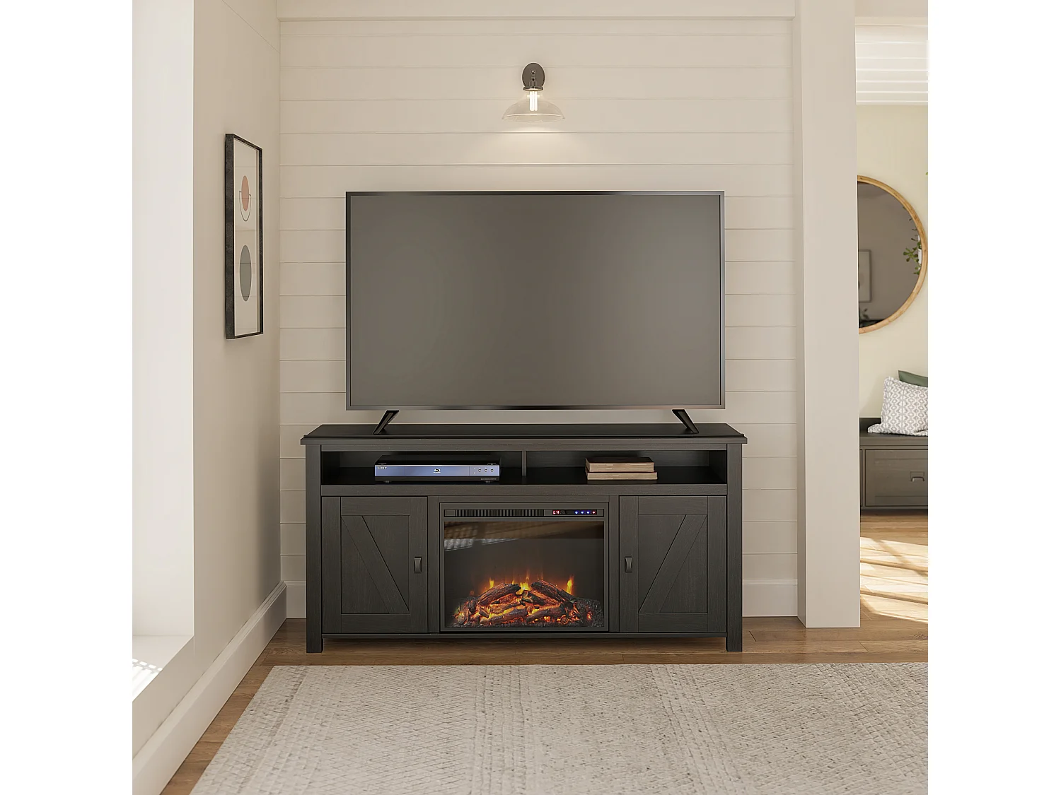 Credenza con camino elettrico in truciolare nero