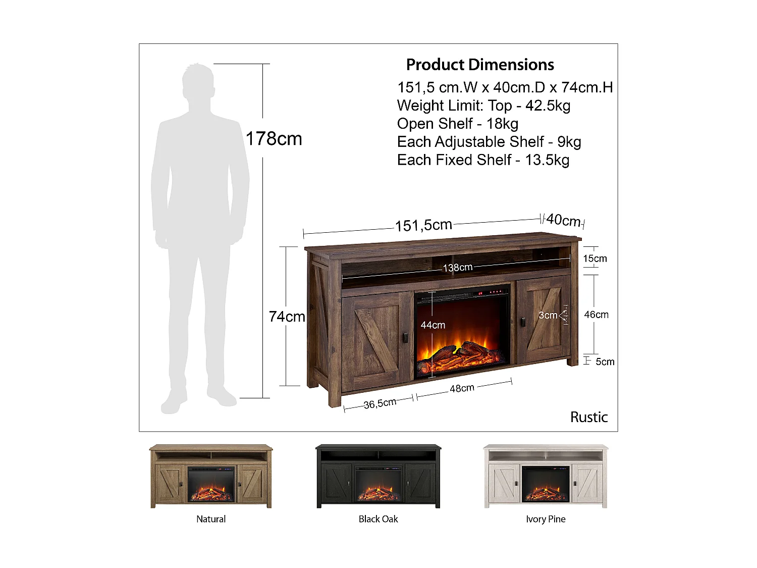Credenza con camino elettrico in truciolare nero
