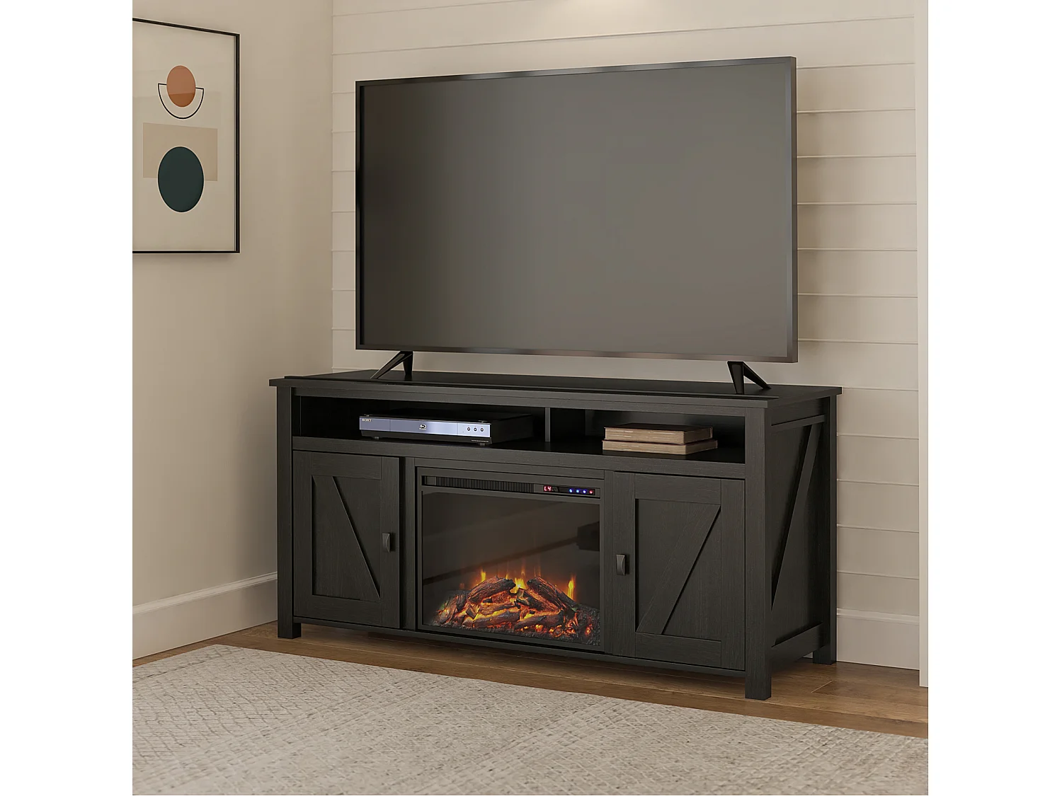 Credenza con camino elettrico in truciolare nero