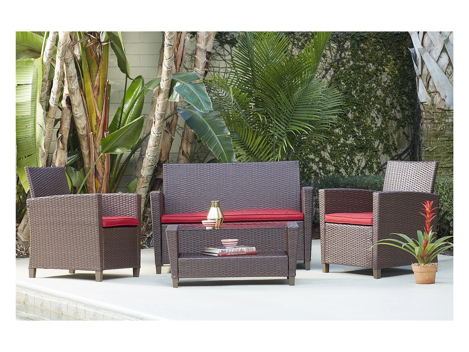 Juego de 4 piezas Conversation en vidrio y resina trenzada marrón