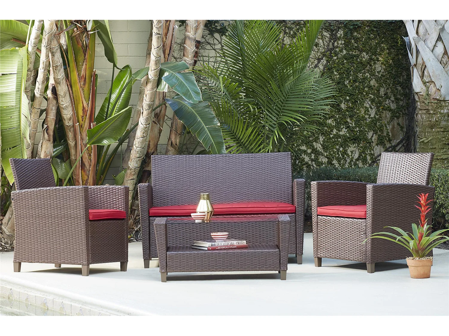 Conversation set 4 pezzi in vetro e resina wicker marrone