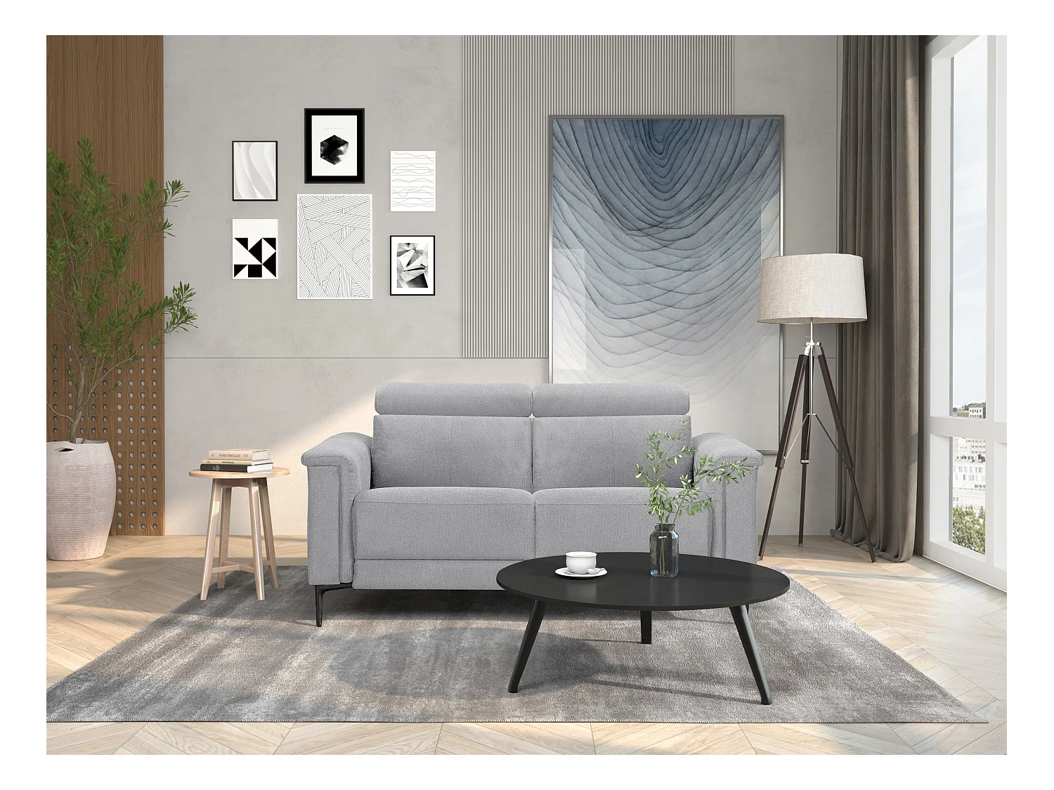 Lund | Sofa 2 Sitzer mit manuellen Liege in Hellgrau Stoff