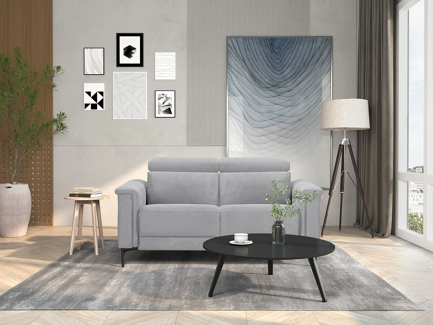 Lund | Canapé 2 places avec 1 fauteuil inclinable manuel en tissu Gris