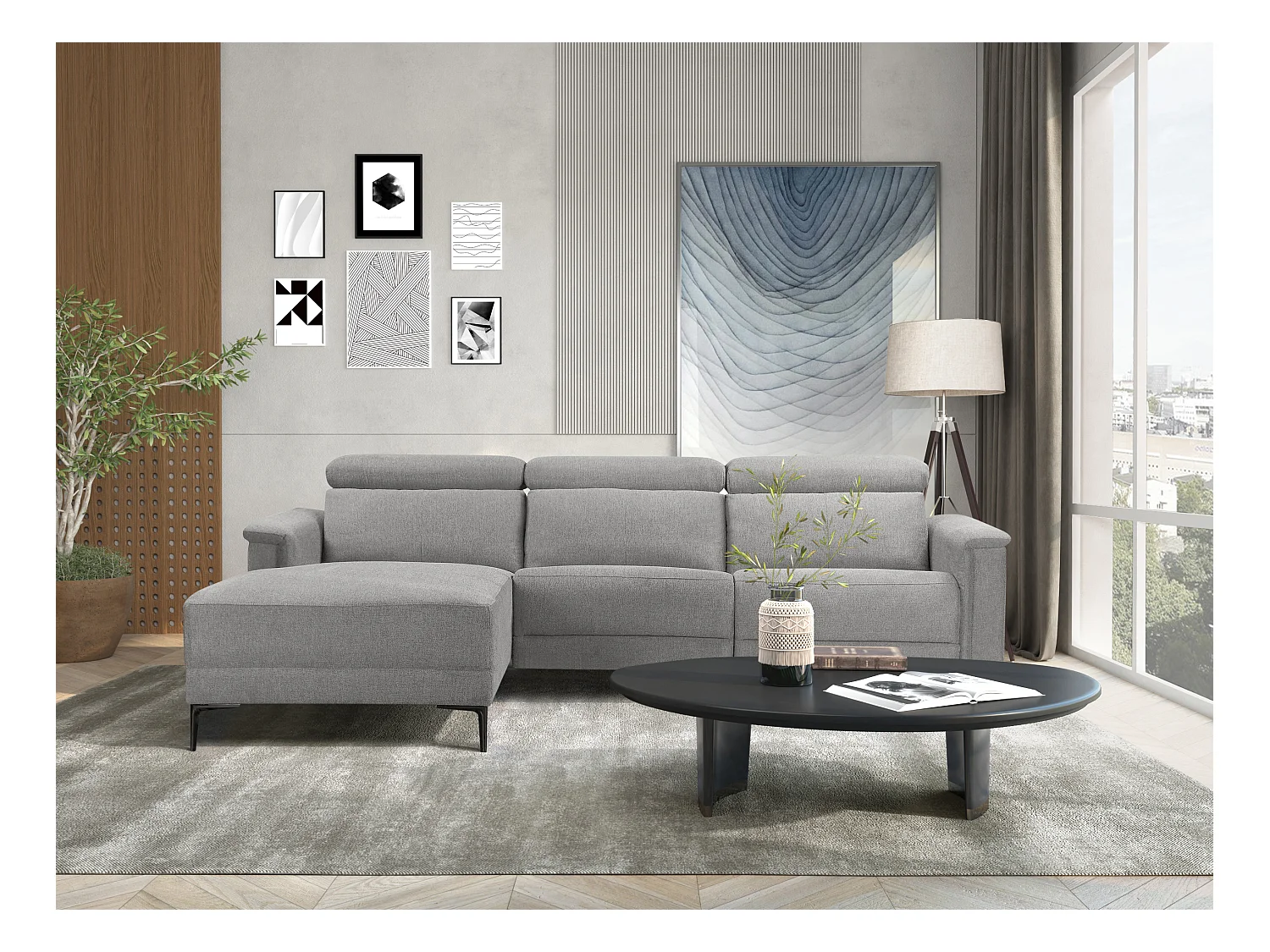 Lund | Chaise Lounge Sofa met 1 Relaxfauteuil in Lichtgrijze Stof