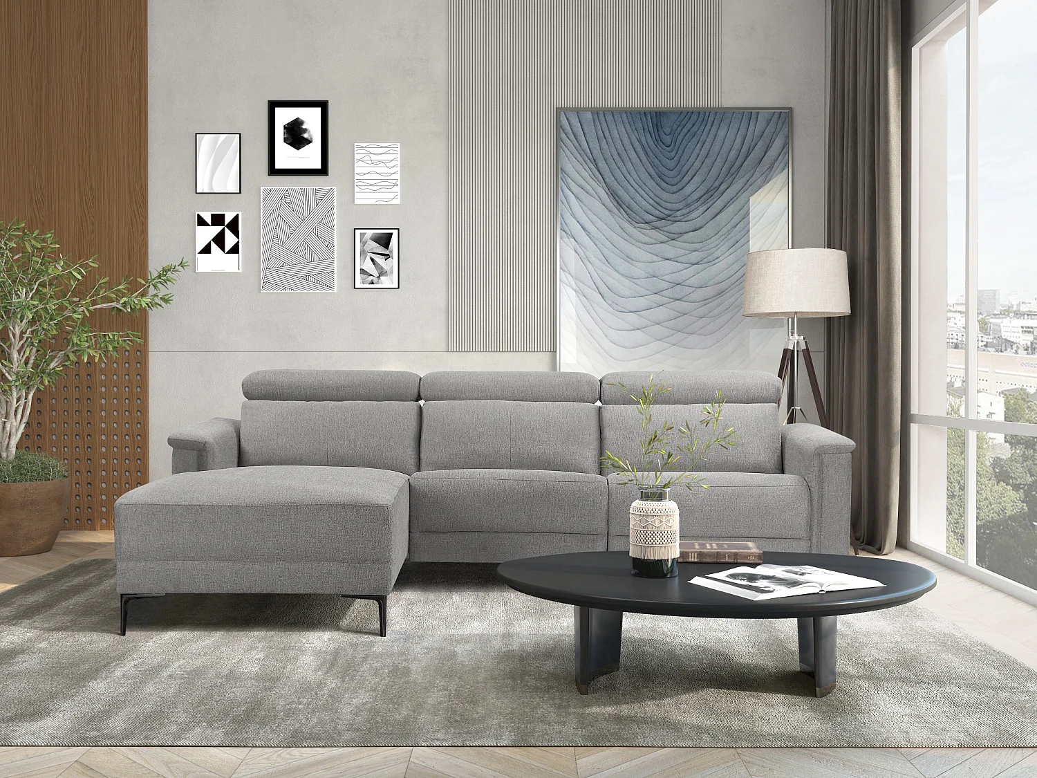Lund | Canapé Chaise Lounge avec 1 fauteuil inclinable manuel en gris