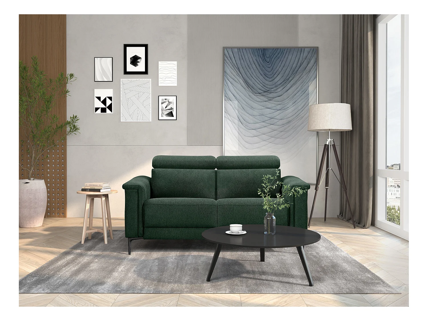 Lund | Canapé 2 places avec 1 fauteuil inclinable manuel en vert foncé