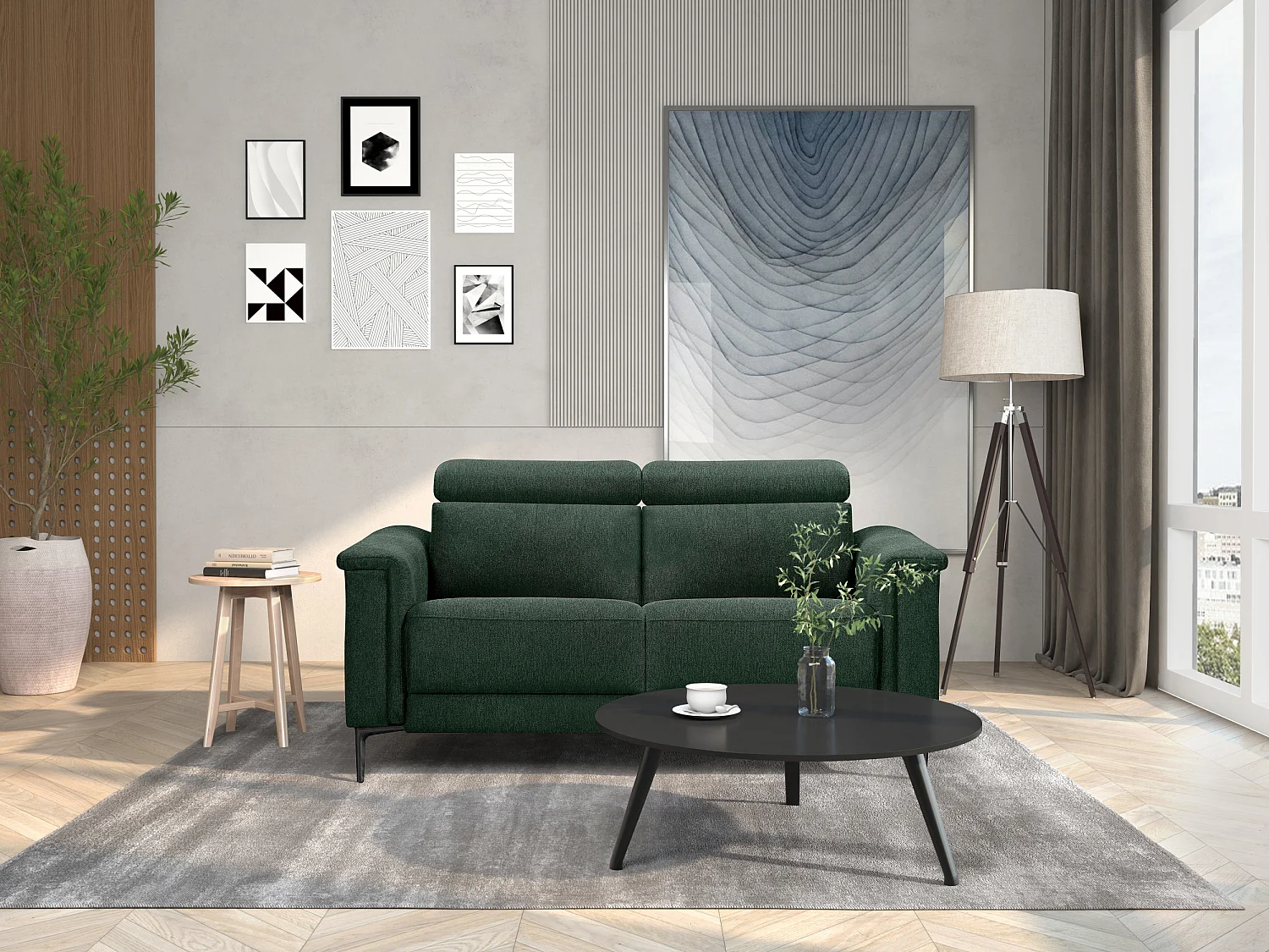 Lund | 2-Sitzer Sofa mit manuellen Liege in Dunkelgrün Fabaric