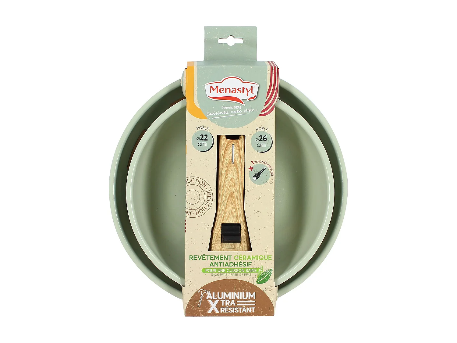 Menastyl - Lot De 2 Poeles Colorama 22 Et 26cm En Aluminium Celadon Avec Poignee