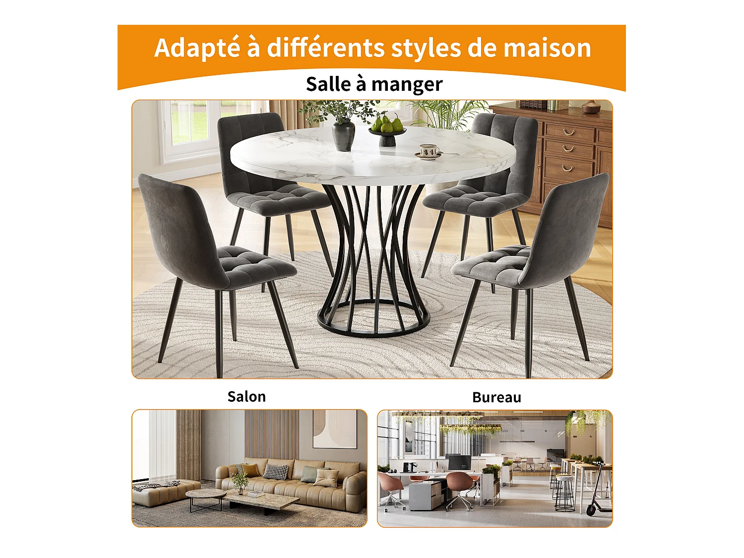 URBAN MEUBLE Table ronde de salle à manger effet marbré blanc, pieds noirs (80 x 80 x 76 cm)