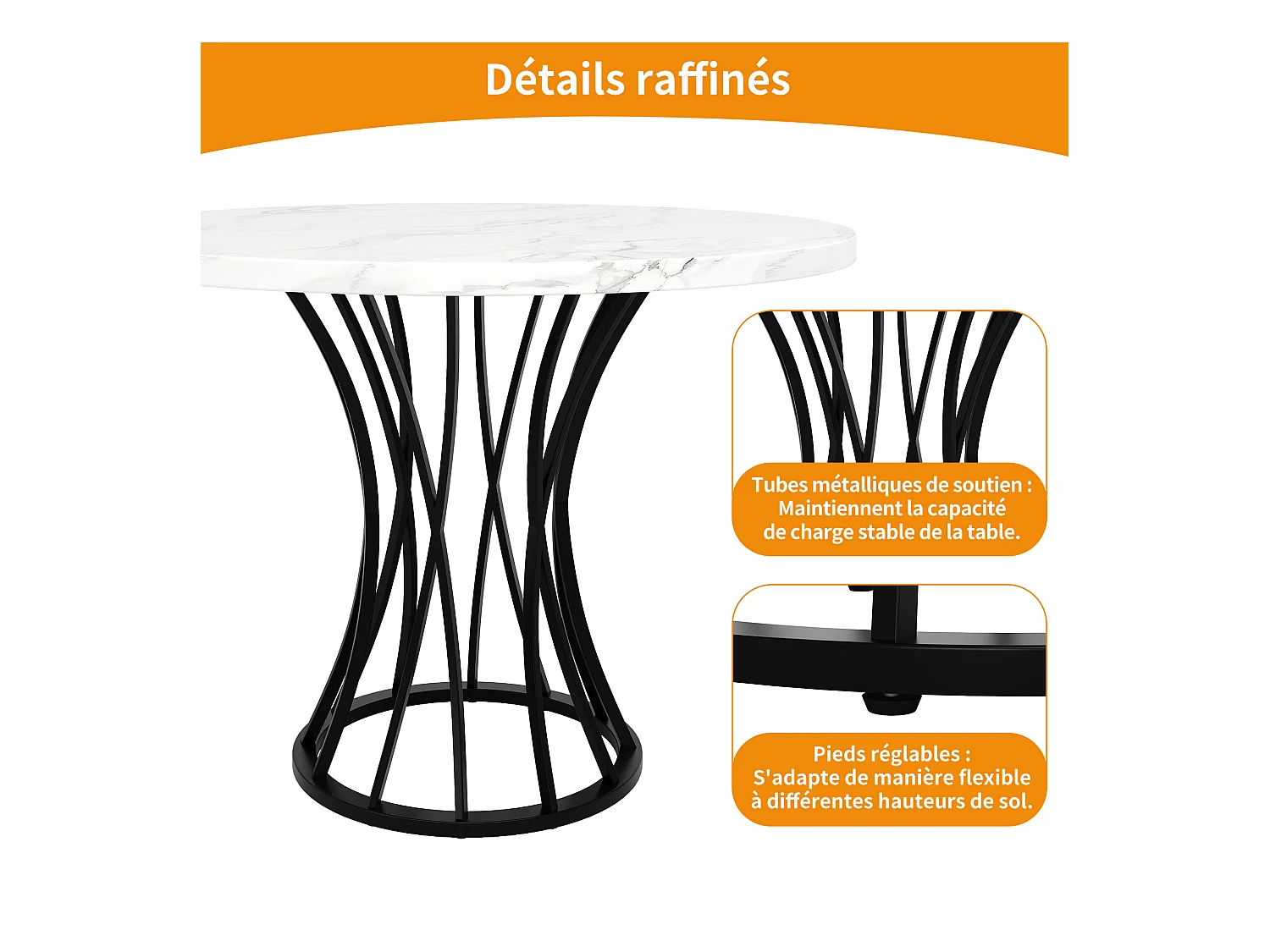 URBAN MEUBLE Table ronde de salle à manger effet marbré blanc, pieds noirs (80 x 80 x 76 cm)