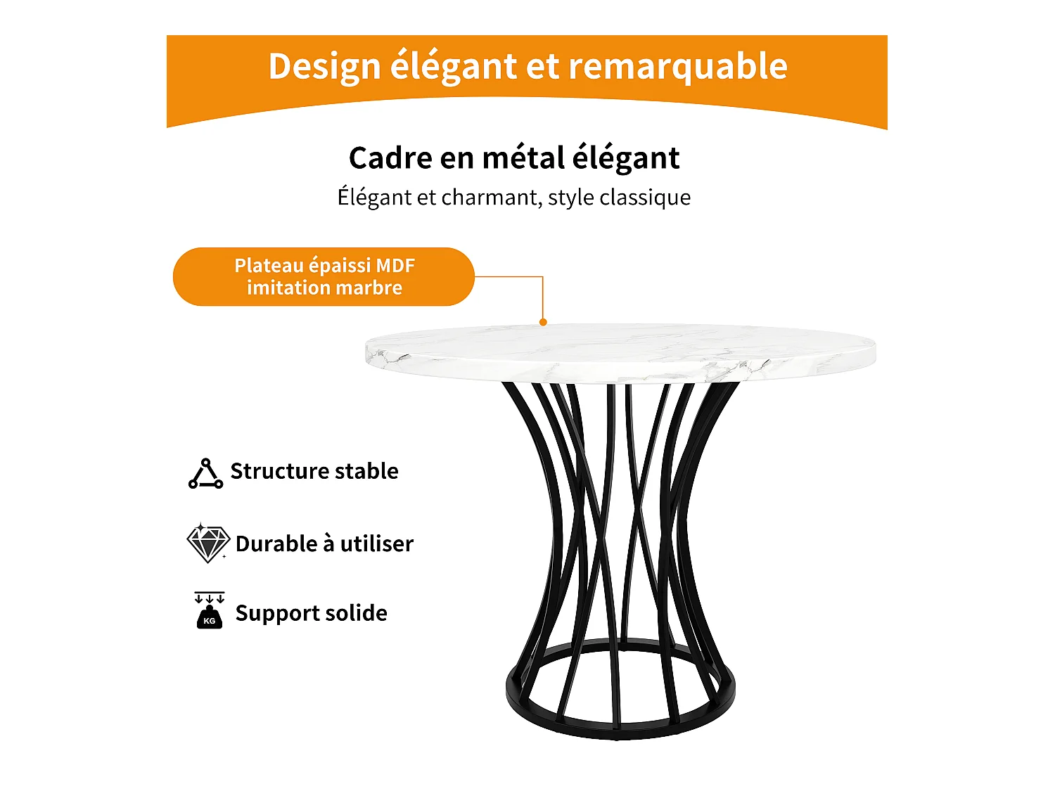 URBAN MEUBLE Table ronde de salle à manger effet marbré blanc, pieds noirs (80 x 80 x 76 cm)
