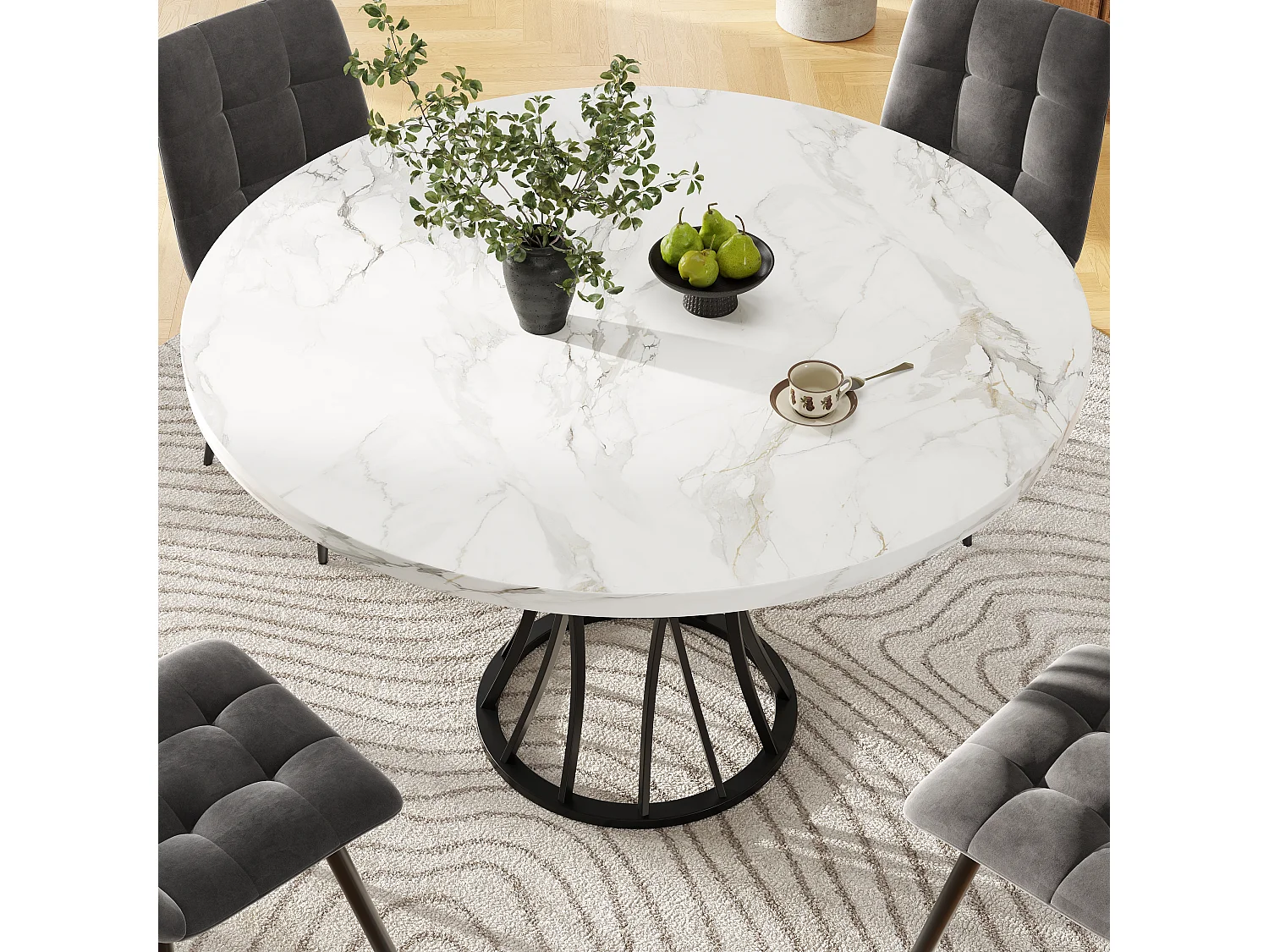 URBAN MEUBLE Table ronde de salle à manger effet marbré blanc, pieds noirs (80 x 80 x 76 cm)