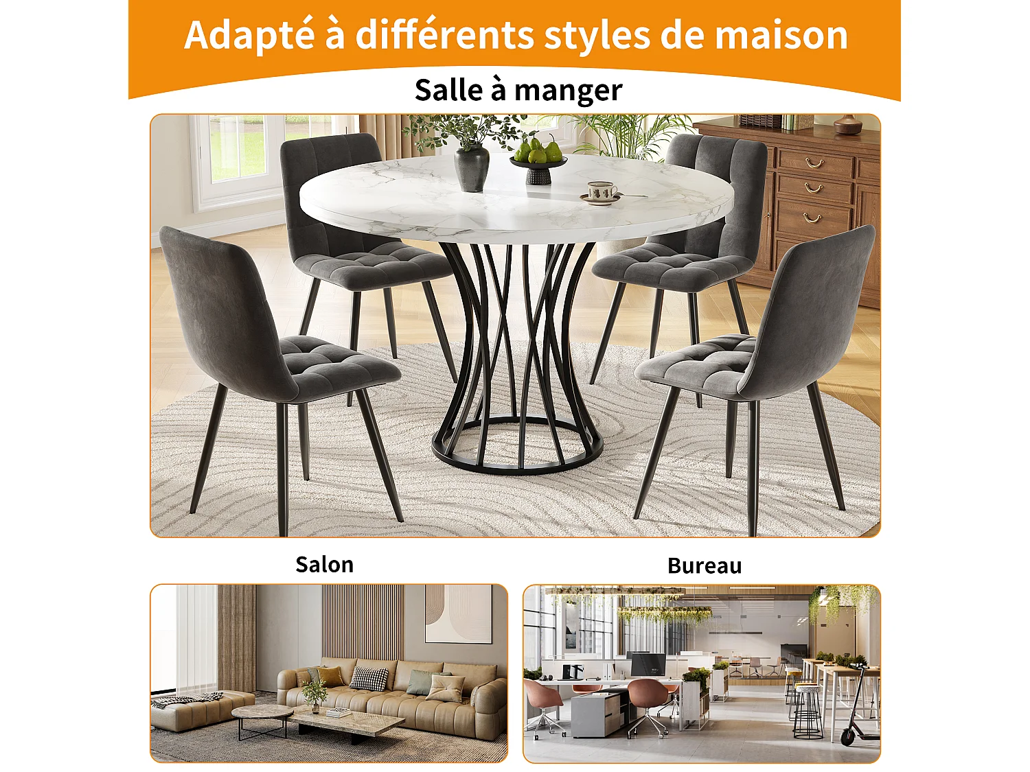 URBAN MEUBLE Table ronde de salle à manger effet marbré blanc, pieds noirs (80 x 80 x 76 cm)