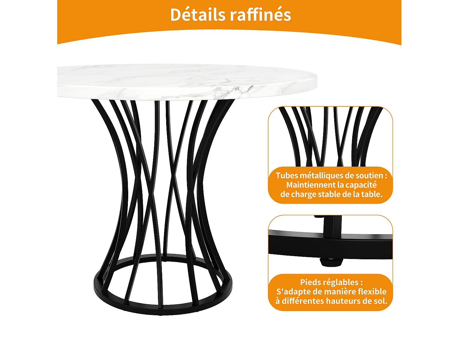 URBAN MEUBLE Table ronde de salle à manger effet marbré blanc, pieds noirs (80 x 80 x 76 cm)