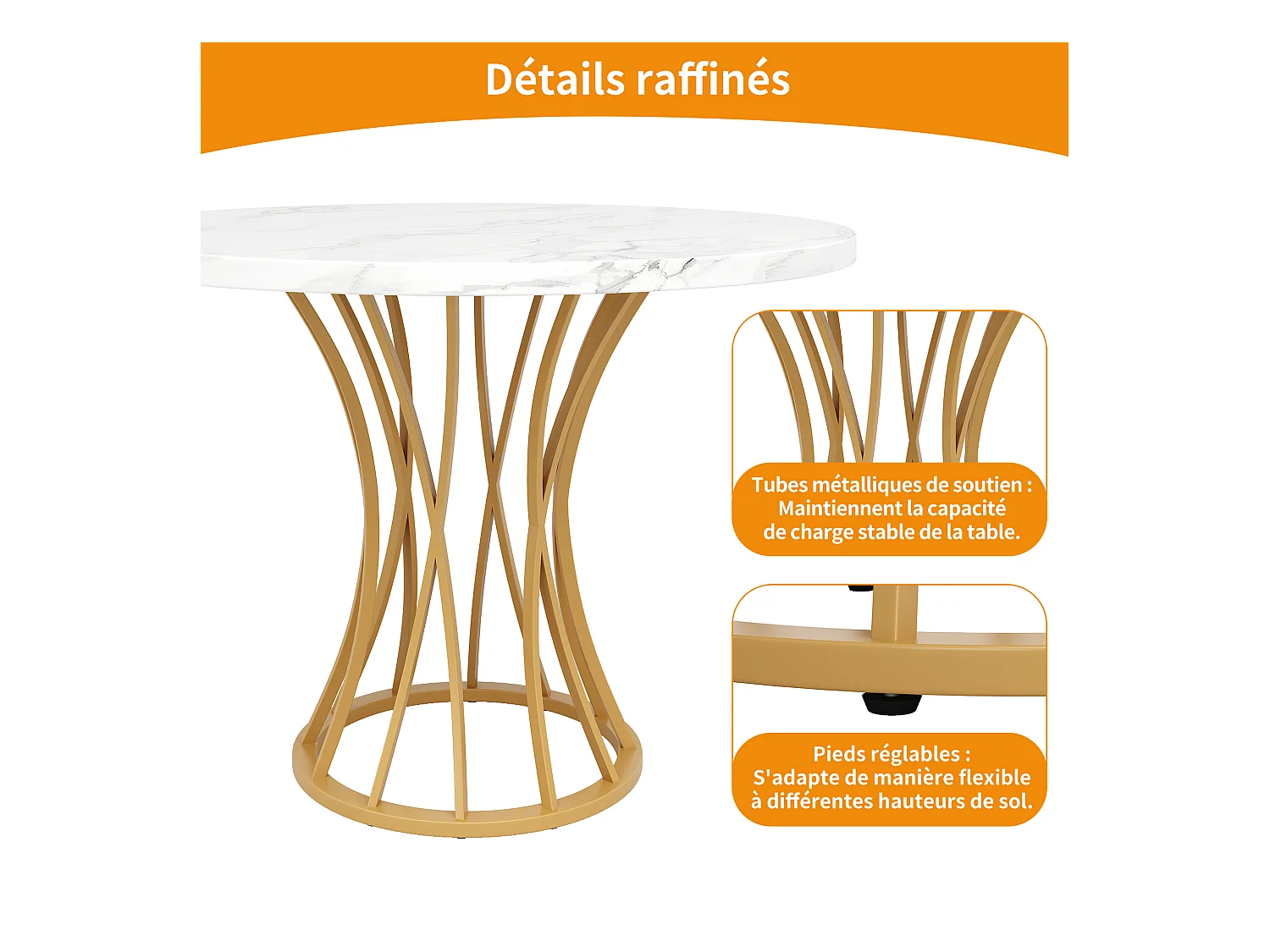 URBAN MEUBLE Table ronde de salle à manger effet marbré blanc, pieds dorés (80 x 80 x 76 cm)