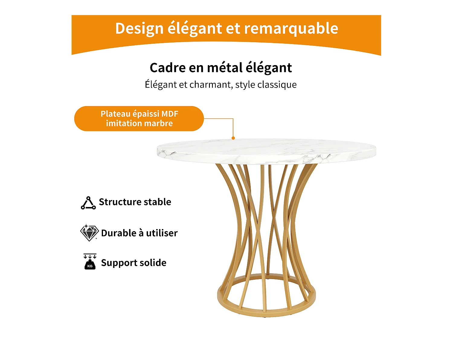 URBAN MEUBLE Table ronde de salle à manger effet marbré blanc, pieds dorés (80 x 80 x 76 cm)