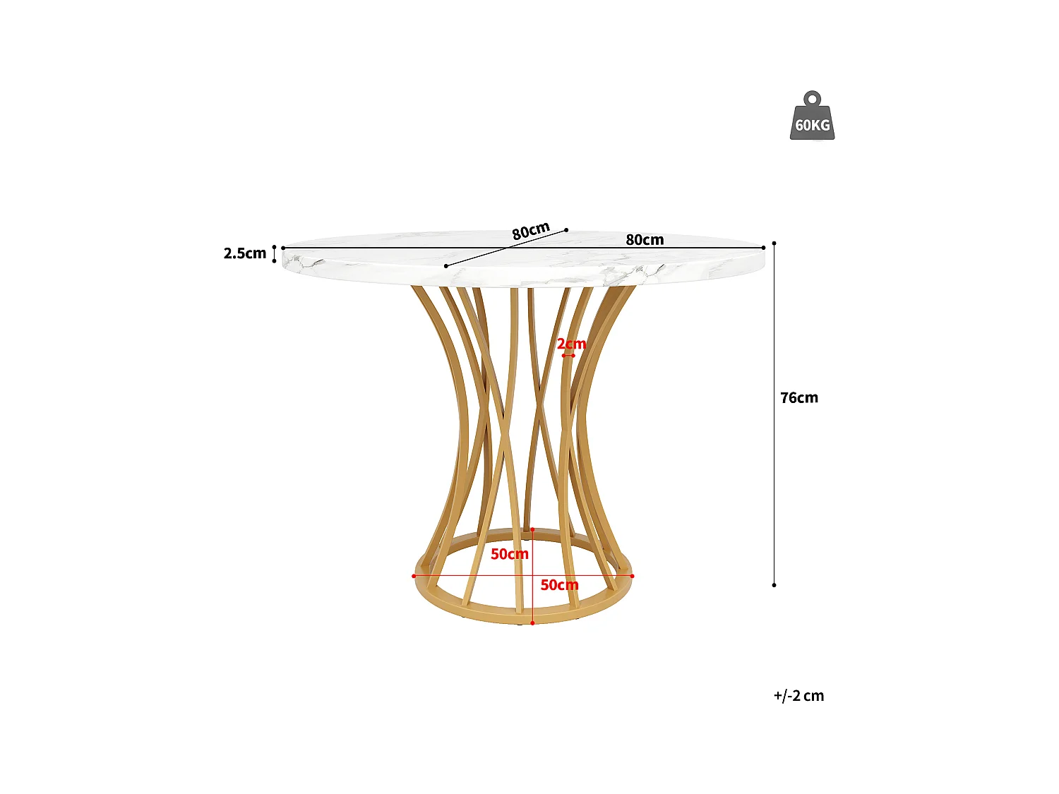 URBAN MEUBLE Table ronde de salle à manger effet marbré blanc, pieds dorés (80 x 80 x 76 cm)