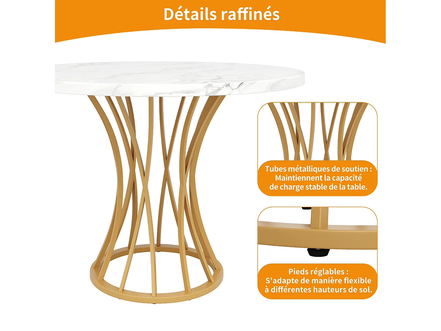 URBAN MEUBLE Table ronde de salle à manger effet marbré blanc, pieds dorés (80 x 80 x 76 cm)