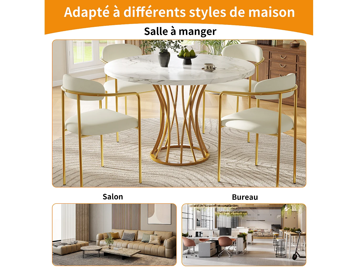 URBAN MEUBLE Table ronde de salle à manger effet marbré blanc, pieds dorés (80 x 80 x 76 cm)