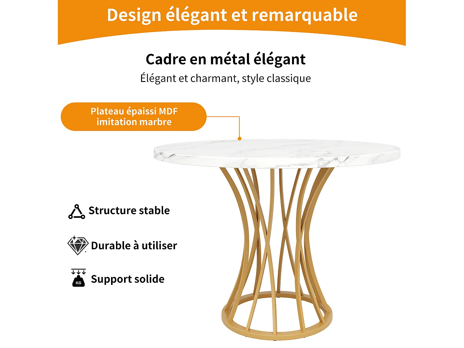 URBAN MEUBLE Table ronde de salle à manger effet marbré blanc, pieds dorés (80 x 80 x 76 cm)