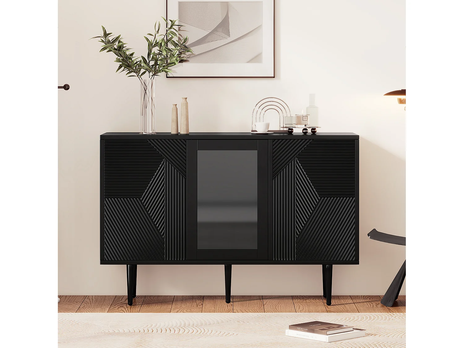 URBAN MEUBLE Buffet noir à 3 portes design texturées et verre, pieds en métal 120x38x79,5cm