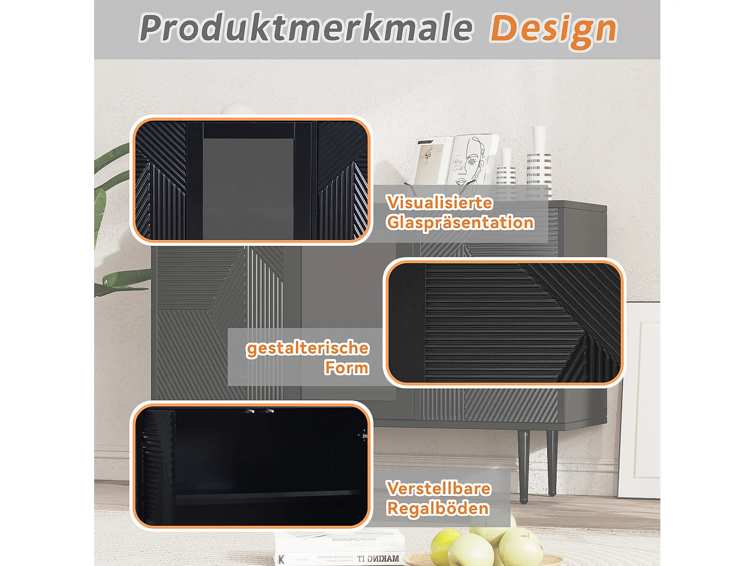 URBAN MEUBLE Buffet noir à 3 portes design texturées et verre, pieds en métal 120x38x79,5cm