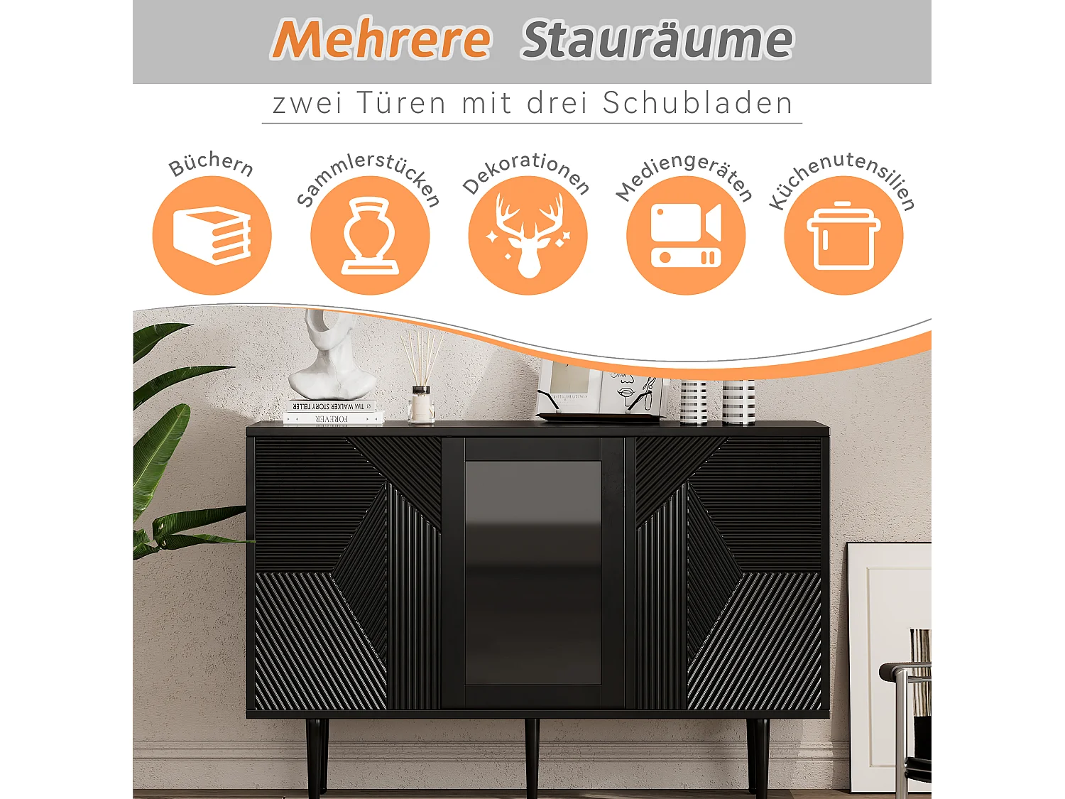 URBAN MEUBLE Buffet noir à 3 portes design texturées et verre, pieds en métal 120x38x79,5cm