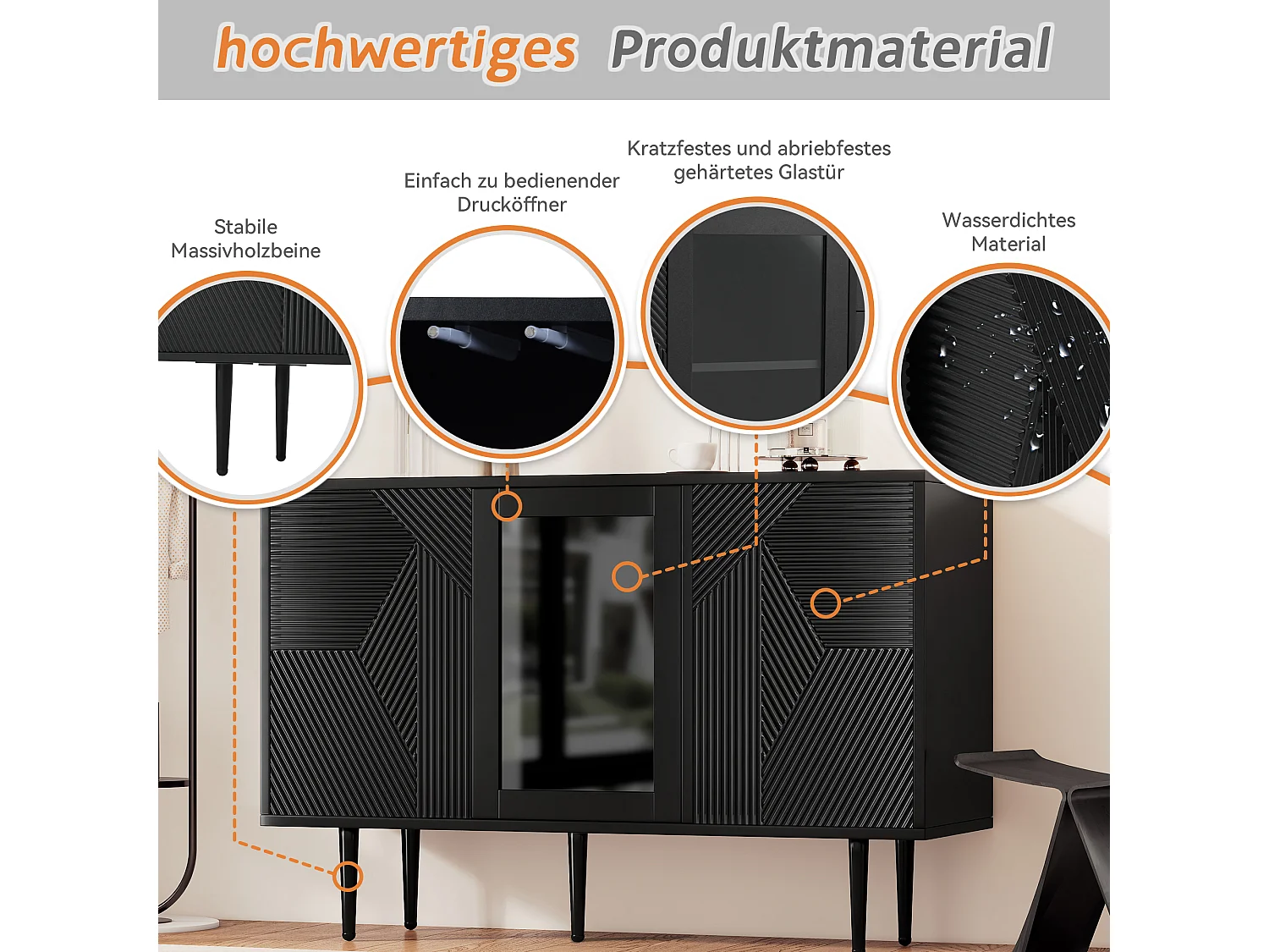 URBAN MEUBLE Buffet noir à 3 portes design texturées et verre, pieds en métal 120x38x79,5cm