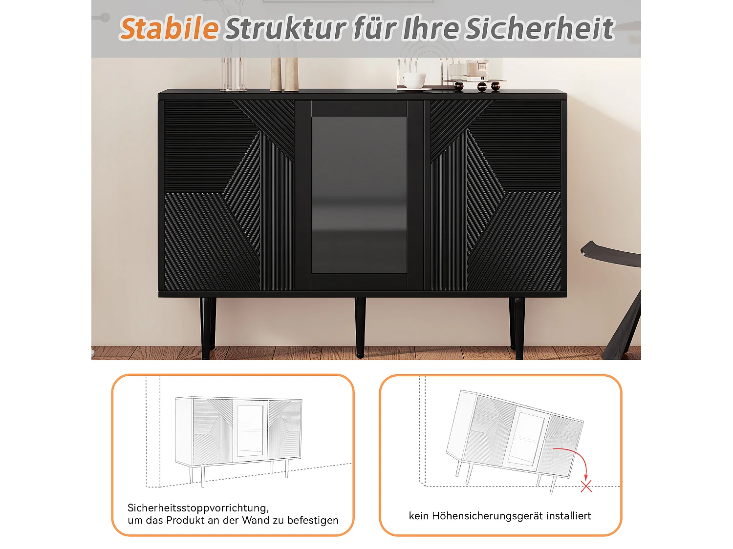 URBAN MEUBLE Buffet noir à 3 portes design texturées et verre, pieds en métal 120x38x79,5cm