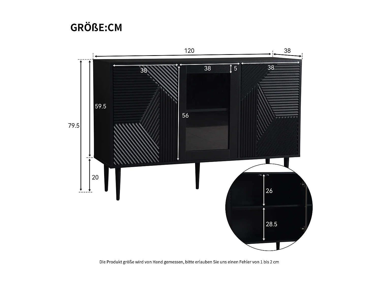 URBAN MEUBLE Buffet noir à 3 portes design texturées et verre, pieds en métal 120x38x79,5cm