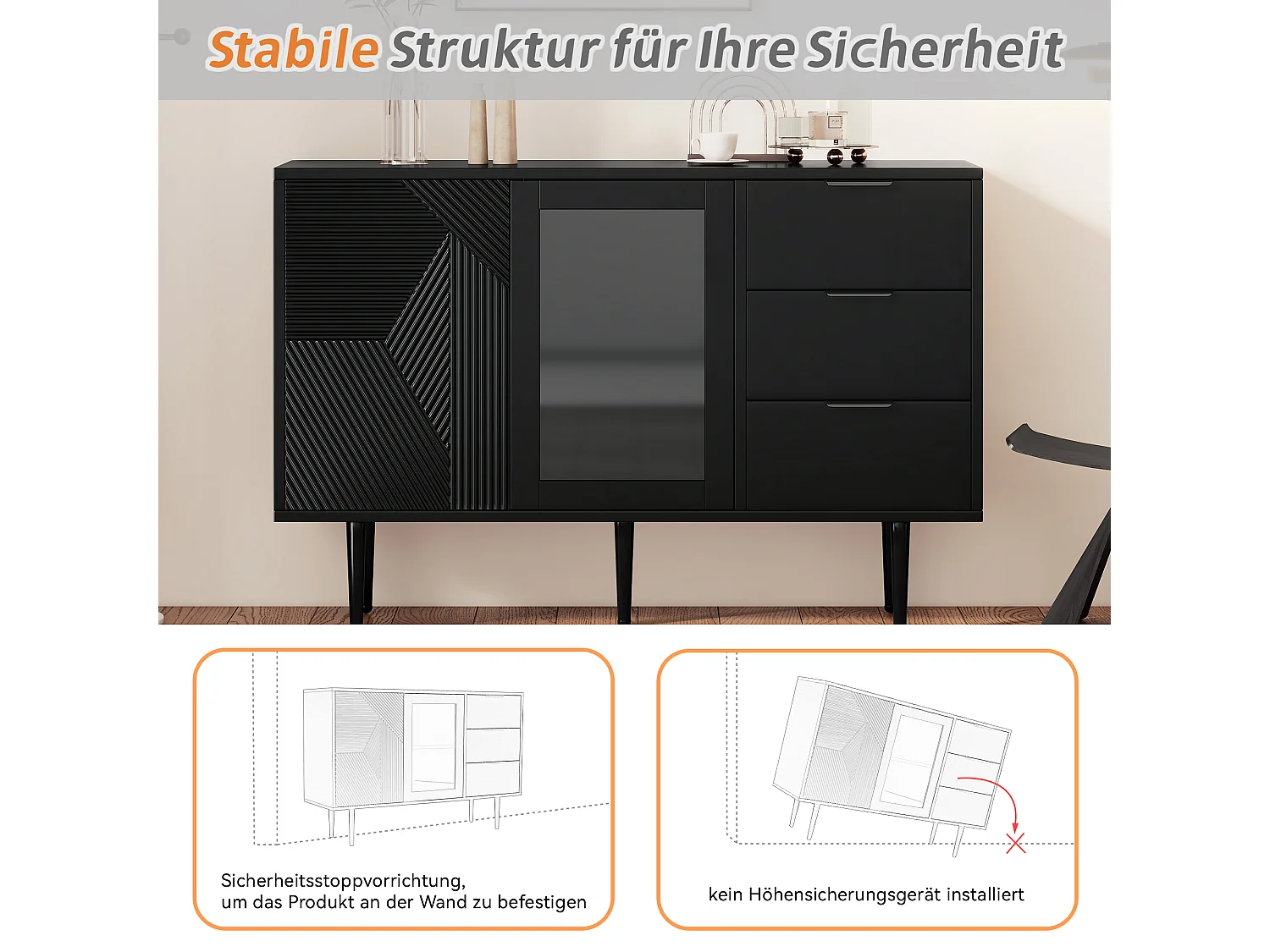 URBAN MEUBLE Buffet noir à 3 tirors 2 portes design texturées et verre, pieds en métal 120x38x79cm