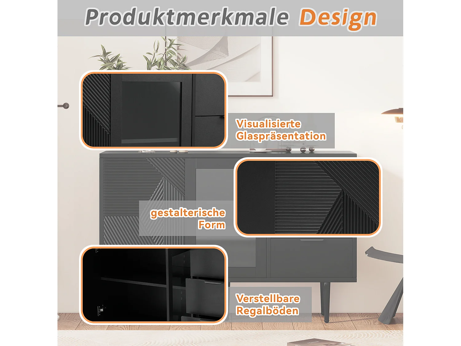 URBAN MEUBLE Buffet noir à 3 tirors 2 portes design texturées et verre, pieds en métal 120x38x79cm