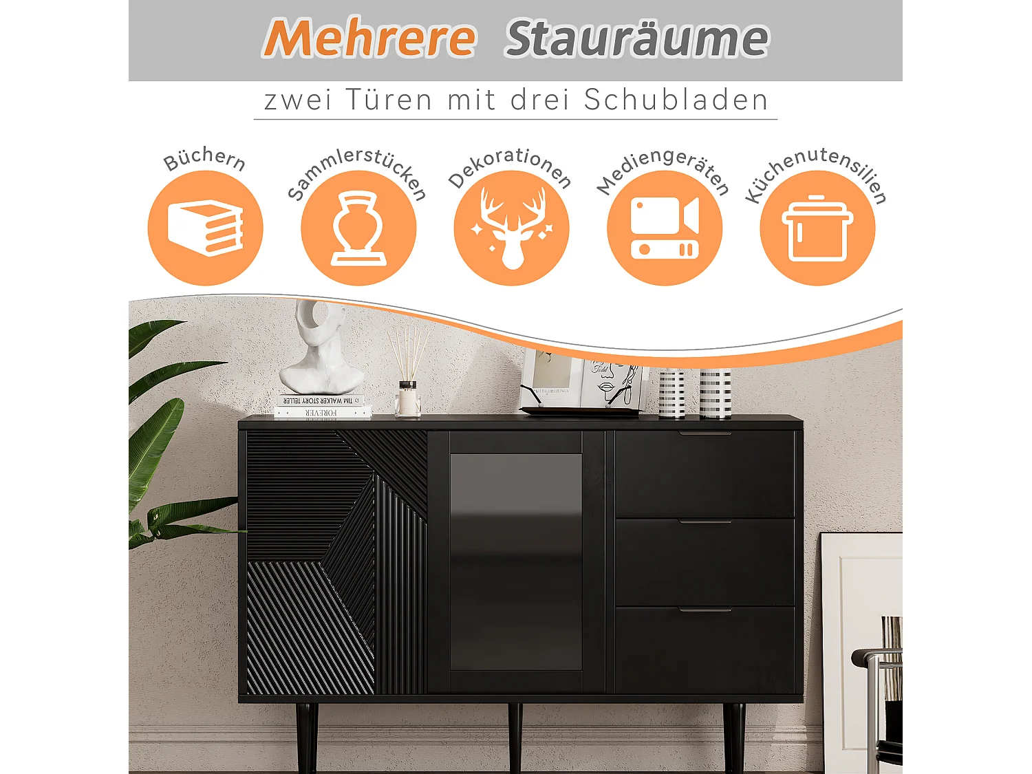 URBAN MEUBLE Buffet noir à 3 tirors 2 portes design texturées et verre, pieds en métal 120x38x79cm
