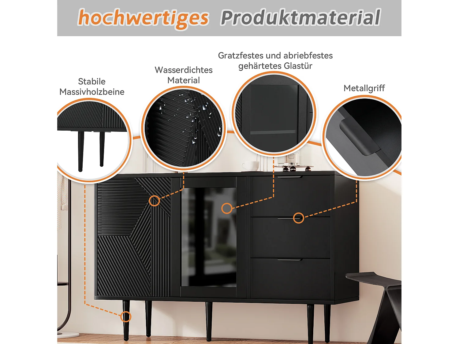 URBAN MEUBLE Buffet noir à 3 tirors 2 portes design texturées et verre, pieds en métal 120x38x79cm