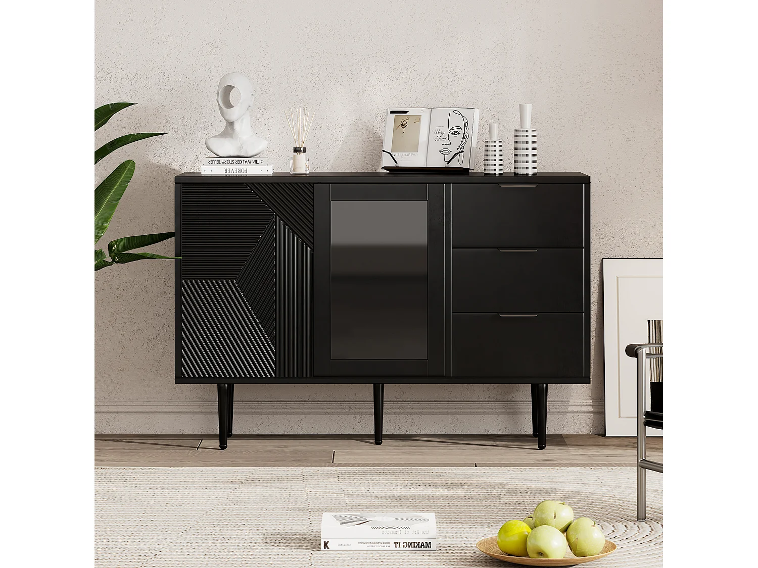 URBAN MEUBLE Buffet noir à 3 tirors 2 portes design texturées et verre, pieds en métal 120x38x79cm