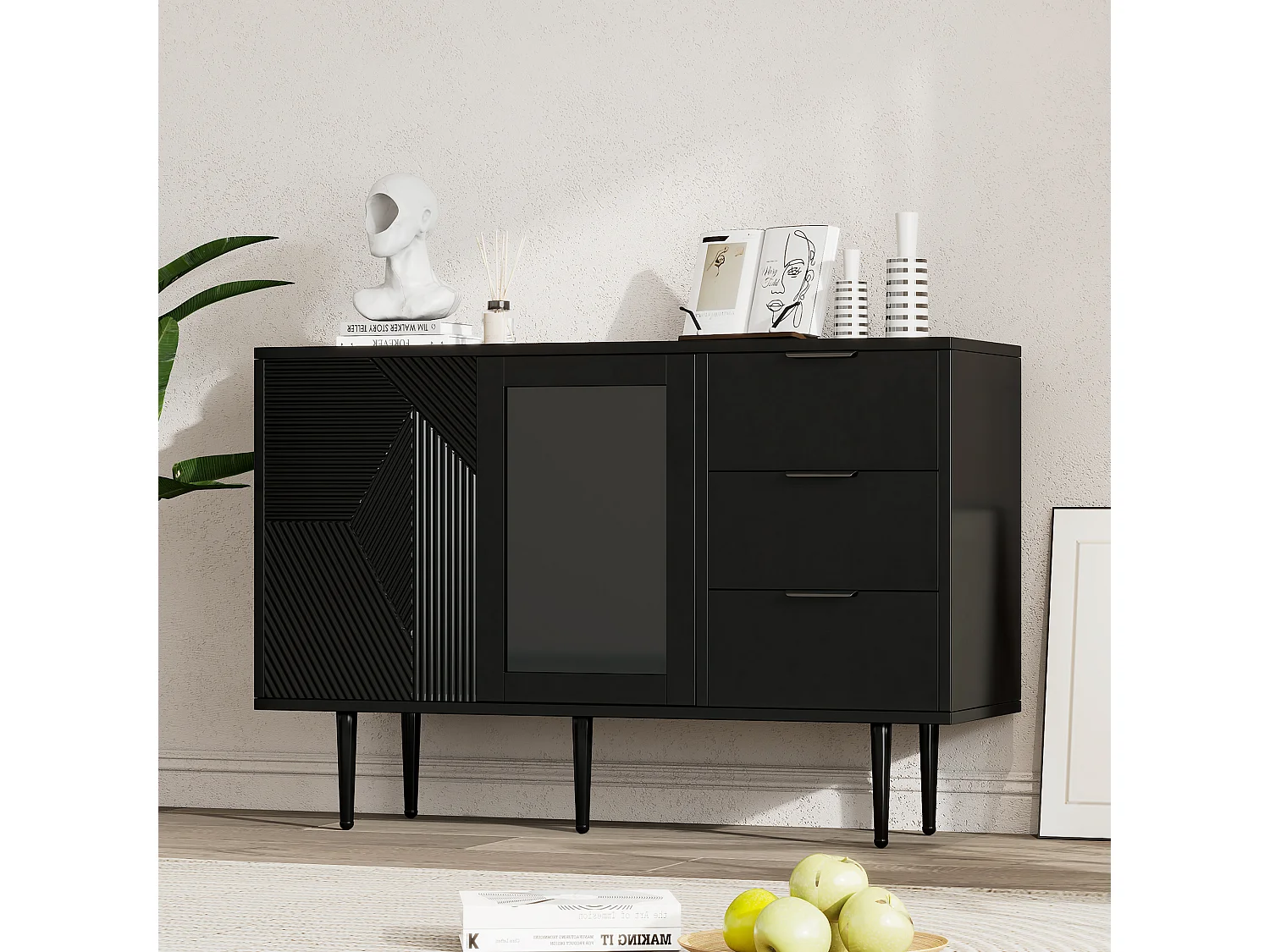 URBAN MEUBLE Buffet noir à 3 tirors 2 portes design texturées et verre, pieds en métal 120x38x79cm
