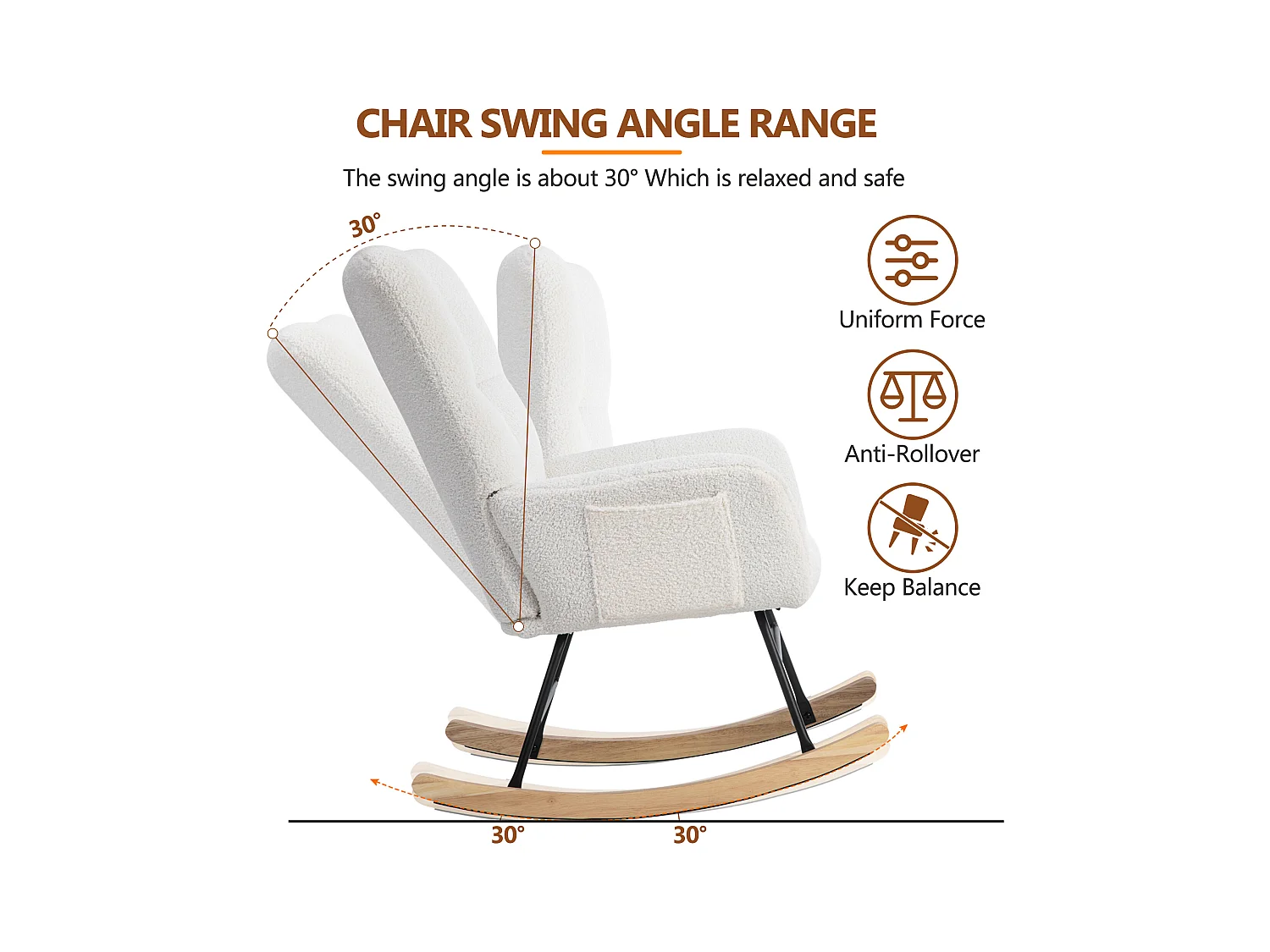 URBAN MEUBLE Chaise à bascule en polaire effet peluche blanche dossier haut avec repose-pieds