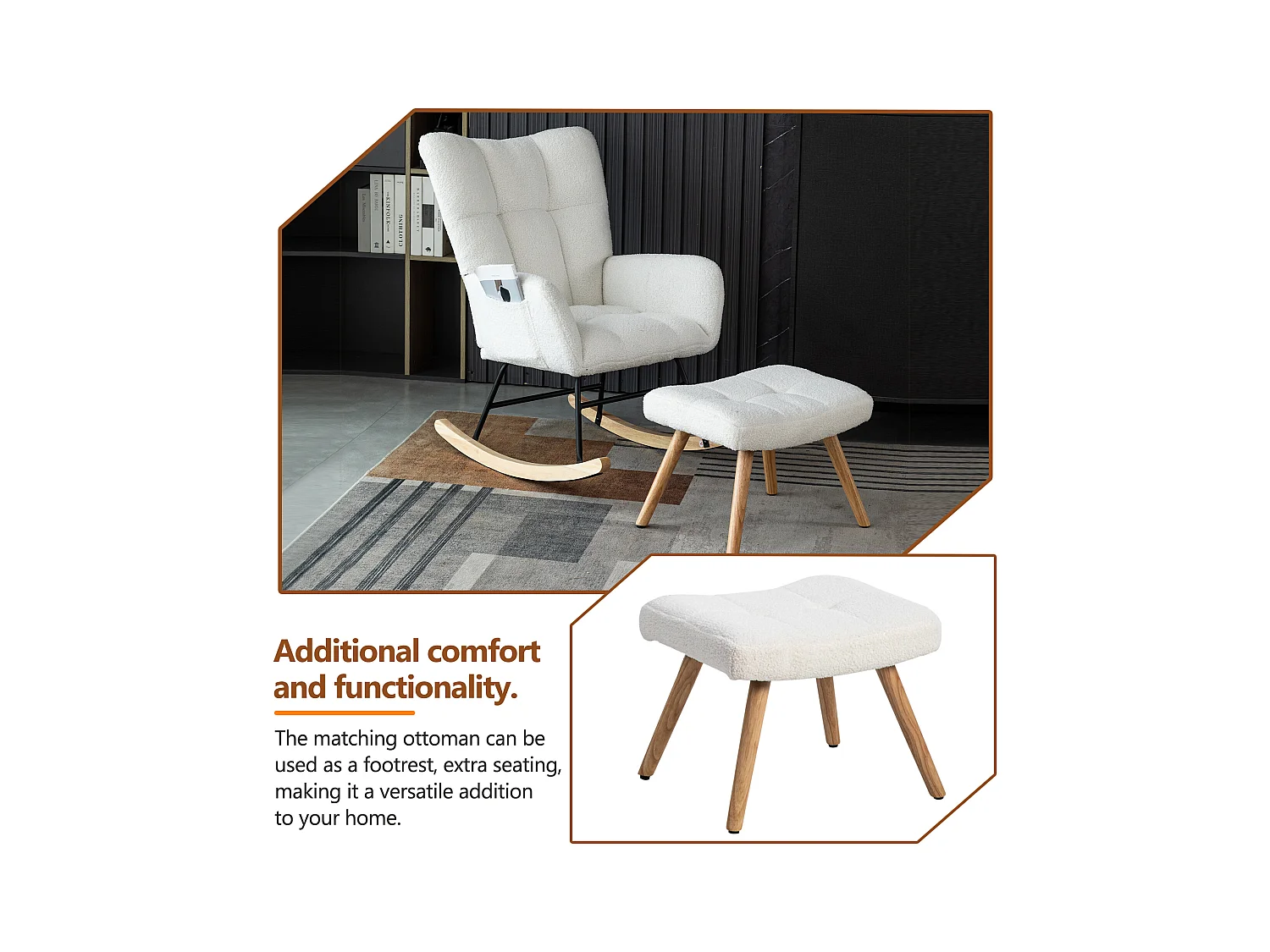 URBAN MEUBLE Chaise à bascule en polaire effet peluche blanche dossier haut avec repose-pieds