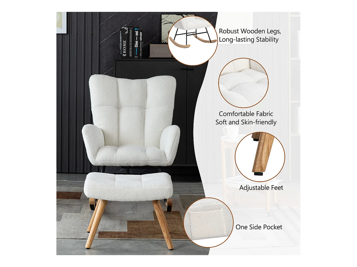 URBAN MEUBLE Chaise à bascule en polaire effet peluche blanche dossier haut avec repose-pieds