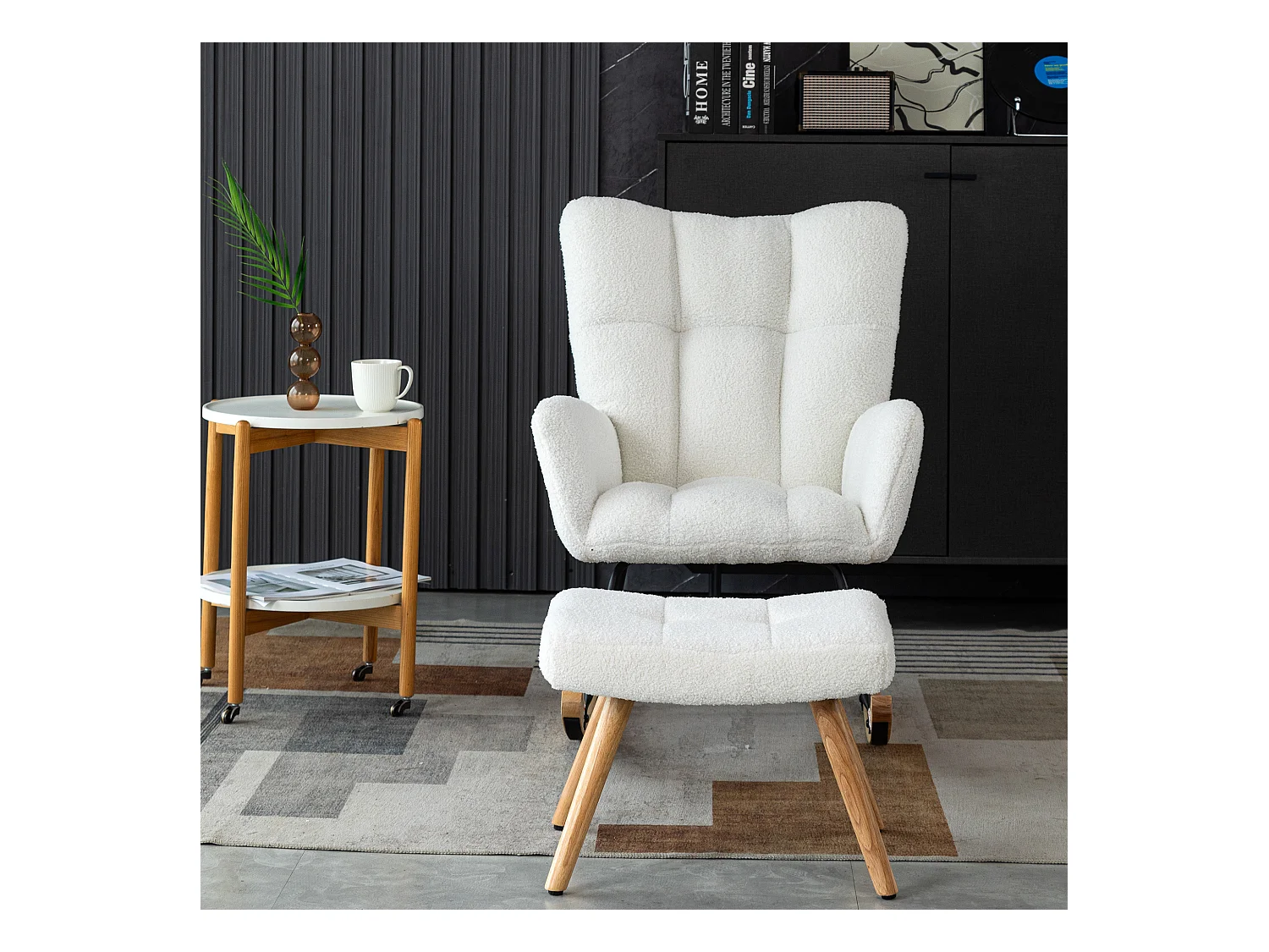 URBAN MEUBLE Chaise à bascule en polaire effet peluche blanche dossier haut avec repose-pieds