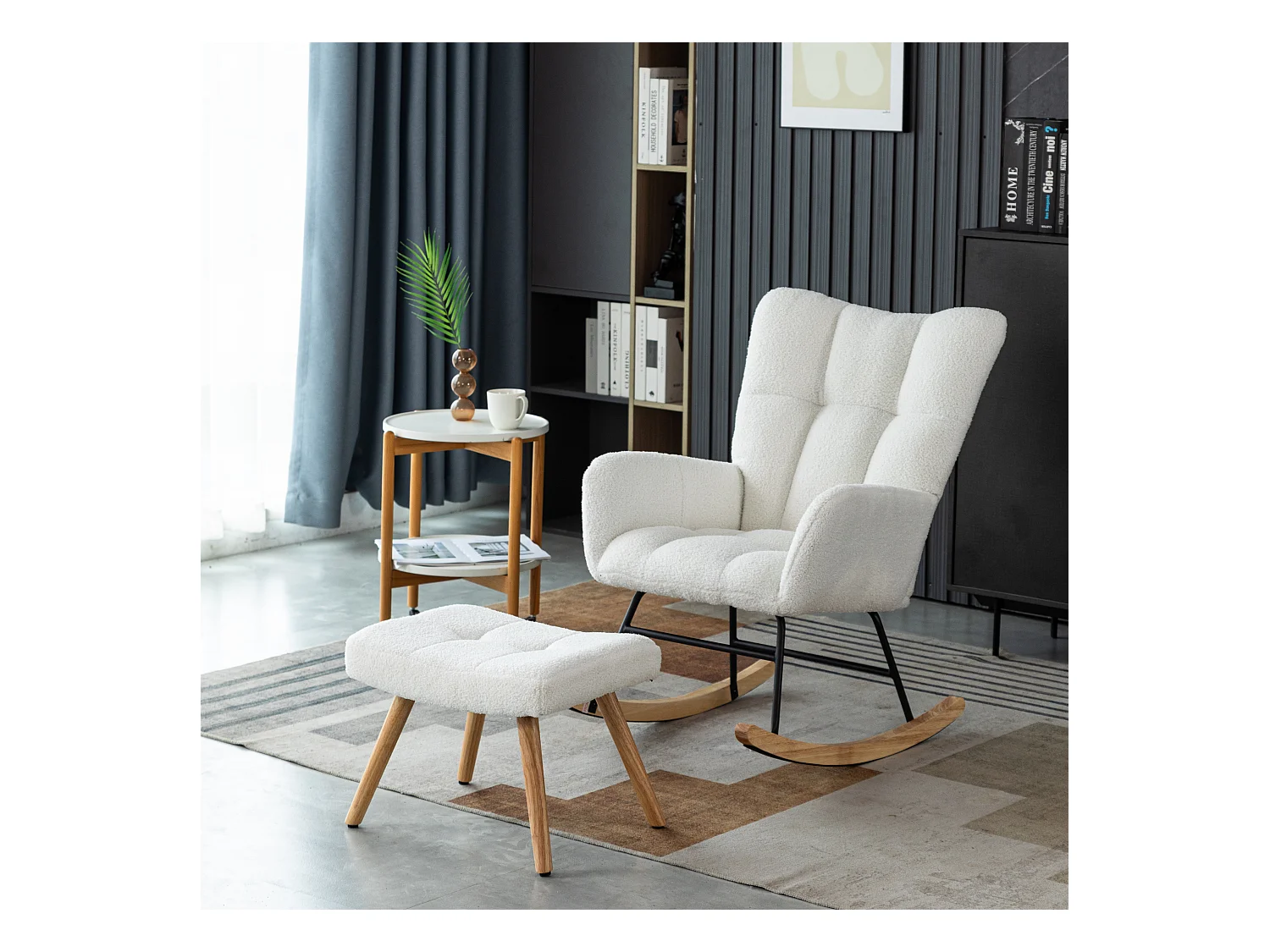 URBAN MEUBLE Chaise à bascule en polaire effet peluche blanche dossier haut avec repose-pieds