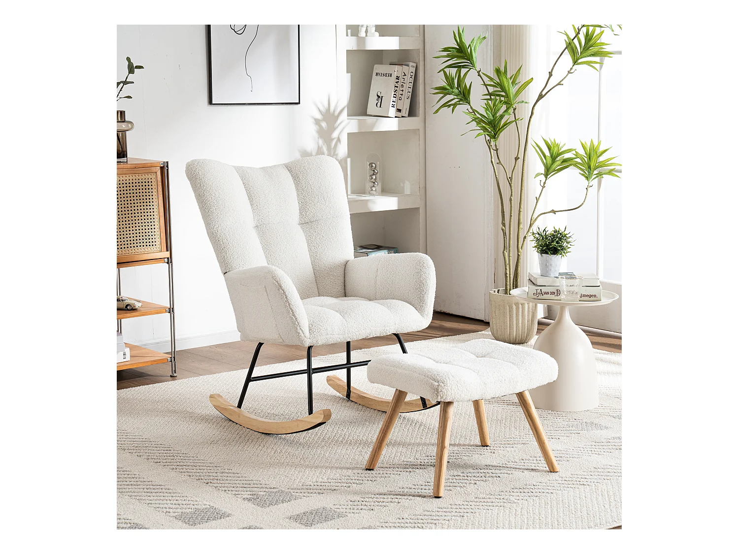 URBAN MEUBLE Chaise à bascule en polaire effet peluche blanche dossier haut avec repose-pieds