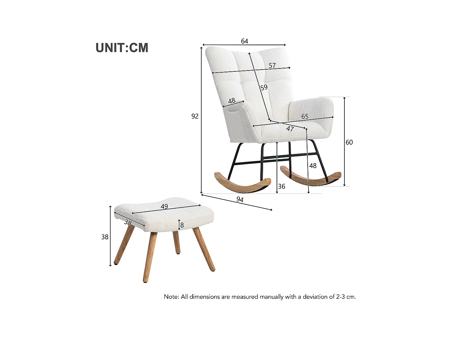 URBAN MEUBLE Chaise à bascule en polaire effet peluche blanche dossier haut avec repose-pieds